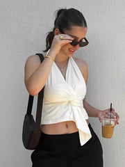 Casual Backless Pleated Halter Neck Crossover Street Wear Crop Top Mssza