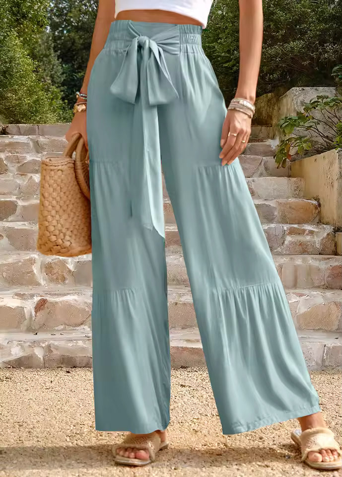 Casual Bandage Stitching High Waist Wrinkled Wide Leg Pants Mssza