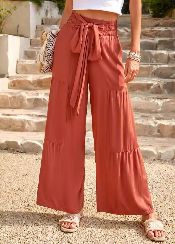 Casual Bandage Stitching High Waist Wrinkled Wide Leg Pants Mssza
