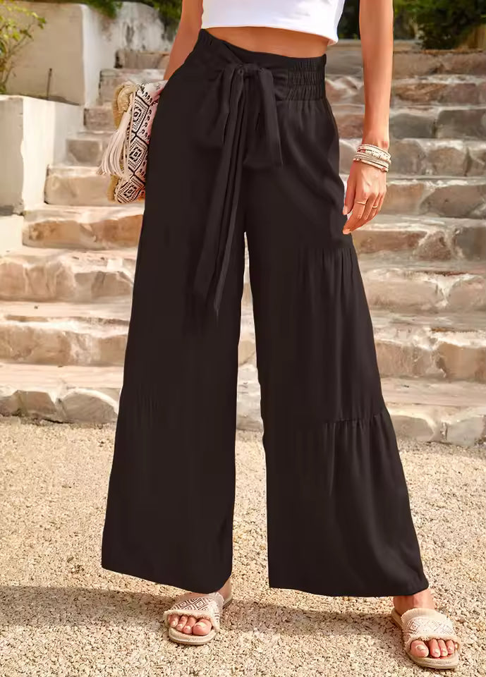 Casual Bandage Stitching High Waist Wrinkled Wide Leg Pants Mssza
