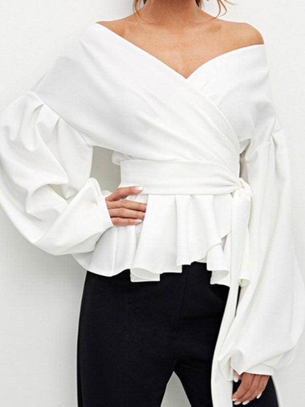 Casual Bateau Neck Long Sleeves Polyester Tops Mssza