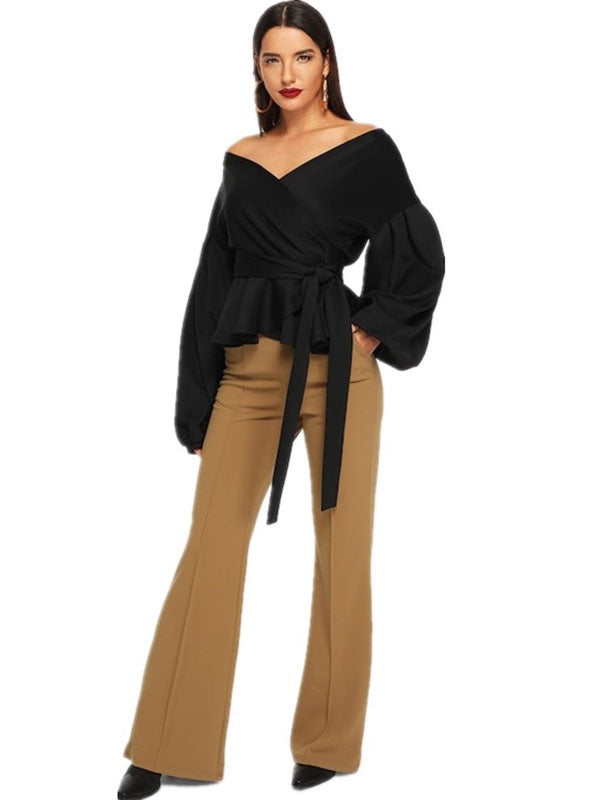 Casual Bateau Neck Long Sleeves Polyester Tops Mssza