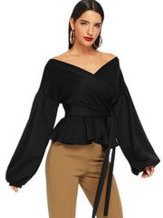 Casual Bateau Neck Long Sleeves Polyester Tops Mssza