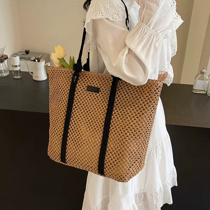Casual Beach Vacation Shoulder Large Capacity Solid Color Woven Straw Tote Bag Mssza