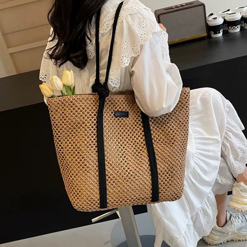 Casual Beach Vacation Shoulder Large Capacity Solid Color Woven Straw Tote Bag Mssza