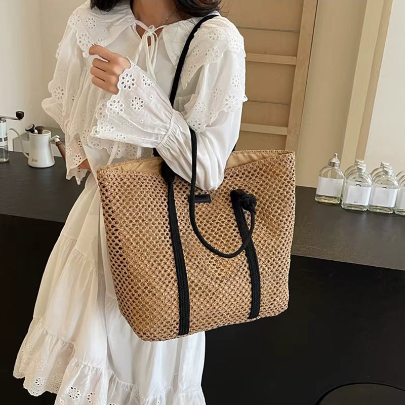 Casual Beach Vacation Shoulder Large Capacity Solid Color Woven Straw Tote Bag Mssza