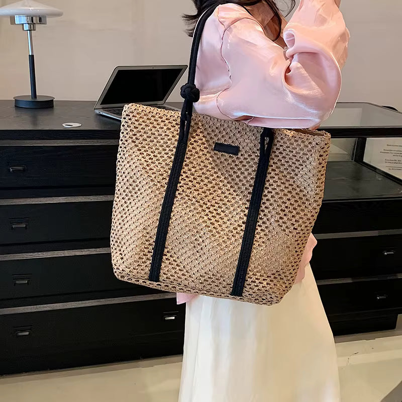 Casual Beach Vacation Shoulder Large Capacity Solid Color Woven Straw Tote Bag Mssza