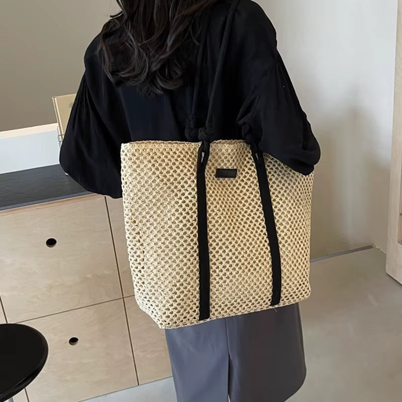 Casual Beach Vacation Shoulder Large Capacity Solid Color Woven Straw Tote Bag Mssza