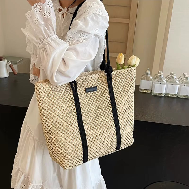 Casual Beach Vacation Shoulder Large Capacity Solid Color Woven Straw Tote Bag Mssza
