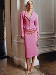 Casual Beading Slim Fitting Blazer Chains Midi Skirt Designer Suit Set Mssza