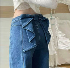 Casual Big Bow Ruffles Design High Waist Flare Slim Fit Denim Jeans Mssza