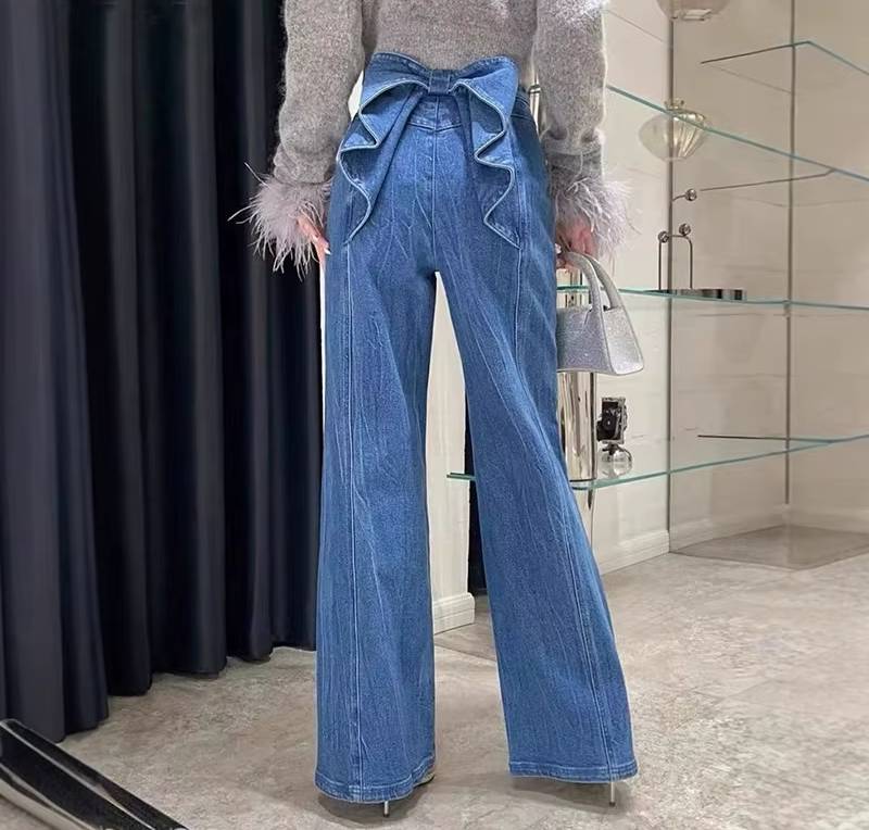 Casual Big Bow Ruffles Design High Waist Flare Slim Fit Denim Jeans Mssza