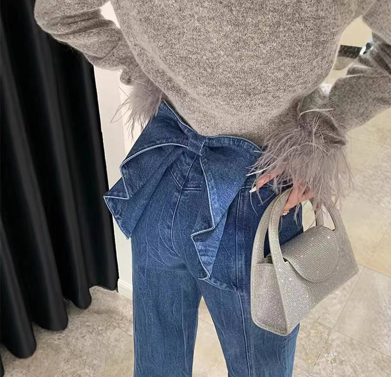 Casual Big Bow Ruffles Design High Waist Flare Slim Fit Denim Jeans Mssza