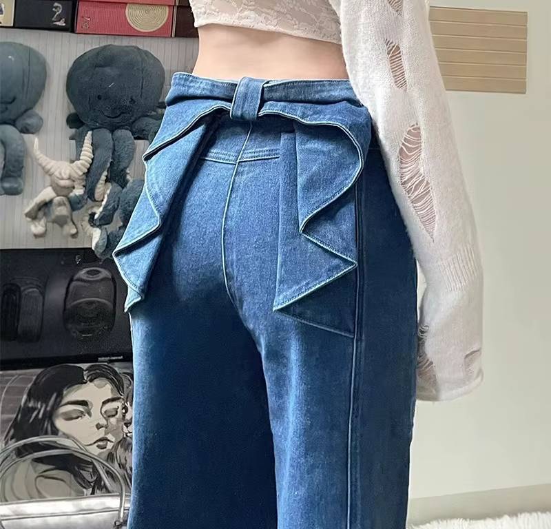 Casual Big Bow Ruffles Design High Waist Flare Slim Fit Denim Jeans Mssza