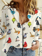 Casual Bird Print Lapel Neck Long Sleeve Blouse Shirts Mssza