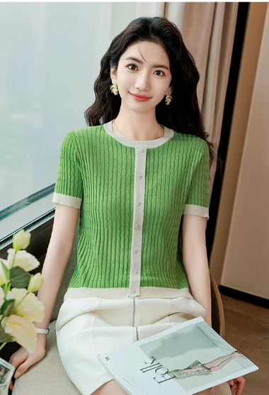 Casual Blocked A-straight Pullover Button Vintage Short Sleeve TOP Mssza