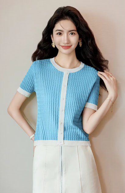 Casual Blocked A-straight Pullover Button Vintage Short Sleeve TOP Mssza