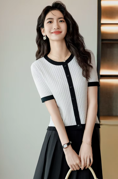 Casual Blocked A-straight Pullover Button Vintage Short Sleeve TOP Mssza