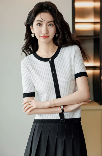 Casual Blocked A-straight Pullover Button Vintage Short Sleeve TOP Mssza