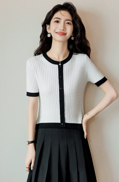 Casual Blocked A-straight Pullover Button Vintage Short Sleeve TOP Mssza