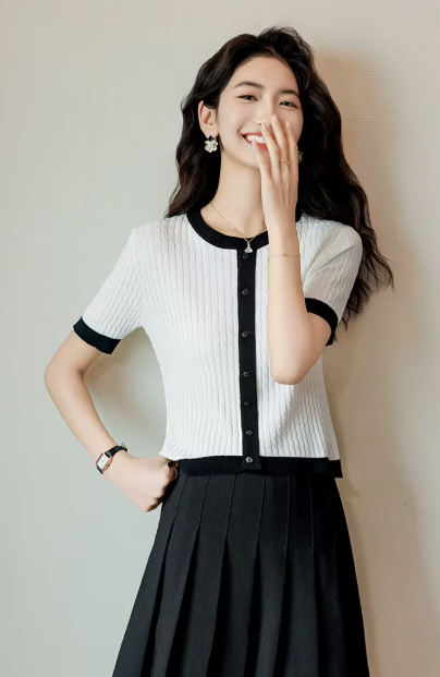 Casual Blocked A-straight Pullover Button Vintage Short Sleeve TOP Mssza