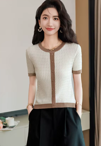 Casual Blocked A-straight Pullover Button Vintage Short Sleeve TOP Mssza