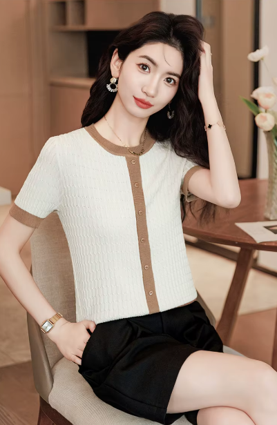 Casual Blocked A-straight Pullover Button Vintage Short Sleeve TOP Mssza