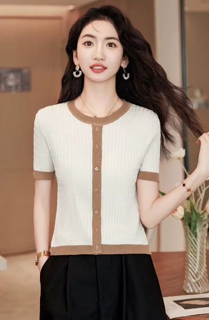 Casual Blocked A-straight Pullover Button Vintage Short Sleeve TOP Mssza