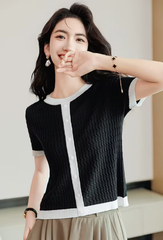 Casual Blocked A-straight Pullover Button Vintage Short Sleeve TOP Mssza