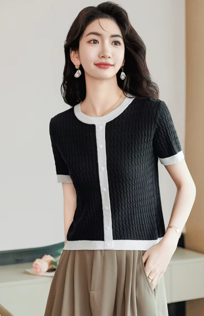 Casual Blocked A-straight Pullover Button Vintage Short Sleeve TOP Mssza