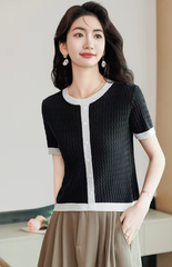 Casual Blocked A-straight Pullover Button Vintage Short Sleeve TOP Mssza