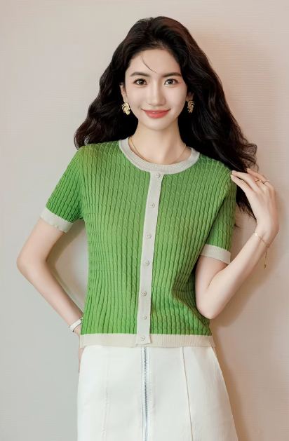 Casual Blocked A-straight Pullover Button Vintage Short Sleeve TOP Mssza
