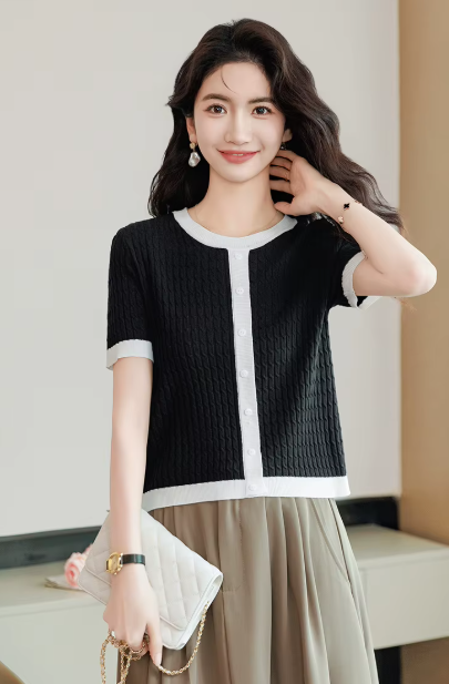 Casual Blocked A-straight Pullover Button Vintage Short Sleeve TOP Mssza