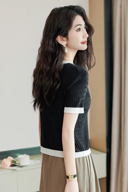 Casual Blocked A-straight Pullover Button Vintage Short Sleeve TOP Mssza