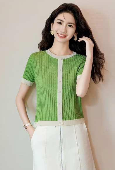 Casual Blocked A-straight Pullover Button Vintage Short Sleeve TOP Mssza