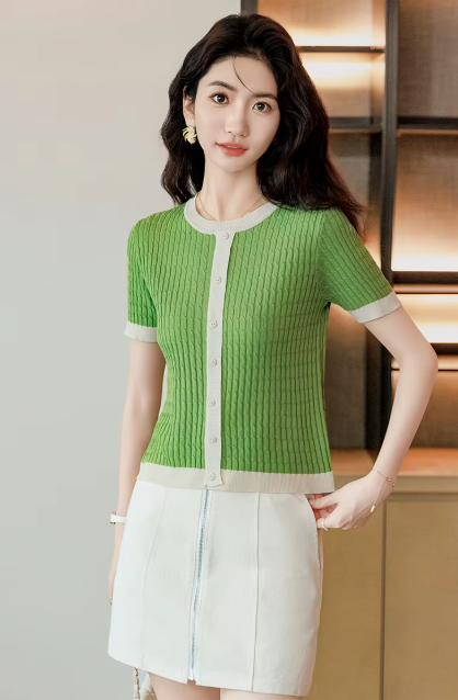 Casual Blocked A-straight Pullover Button Vintage Short Sleeve TOP Mssza