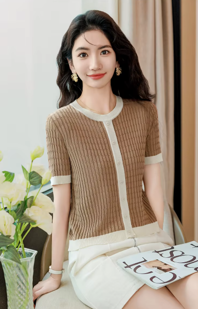 Casual Blocked A-straight Pullover Button Vintage Short Sleeve TOP Mssza