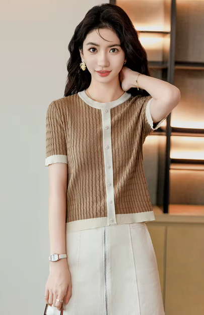 Casual Blocked A-straight Pullover Button Vintage Short Sleeve TOP Mssza