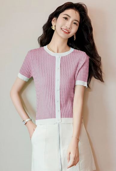 Casual Blocked A-straight Pullover Button Vintage Short Sleeve TOP Mssza