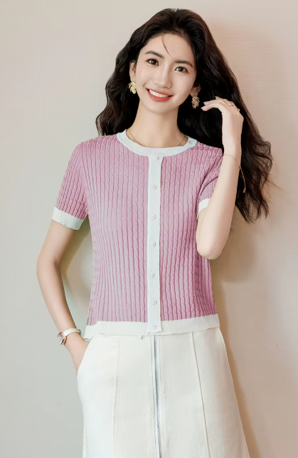 Casual Blocked A-straight Pullover Button Vintage Short Sleeve TOP Mssza