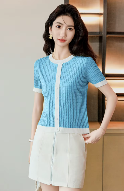 Casual Blocked A-straight Pullover Button Vintage Short Sleeve TOP Mssza