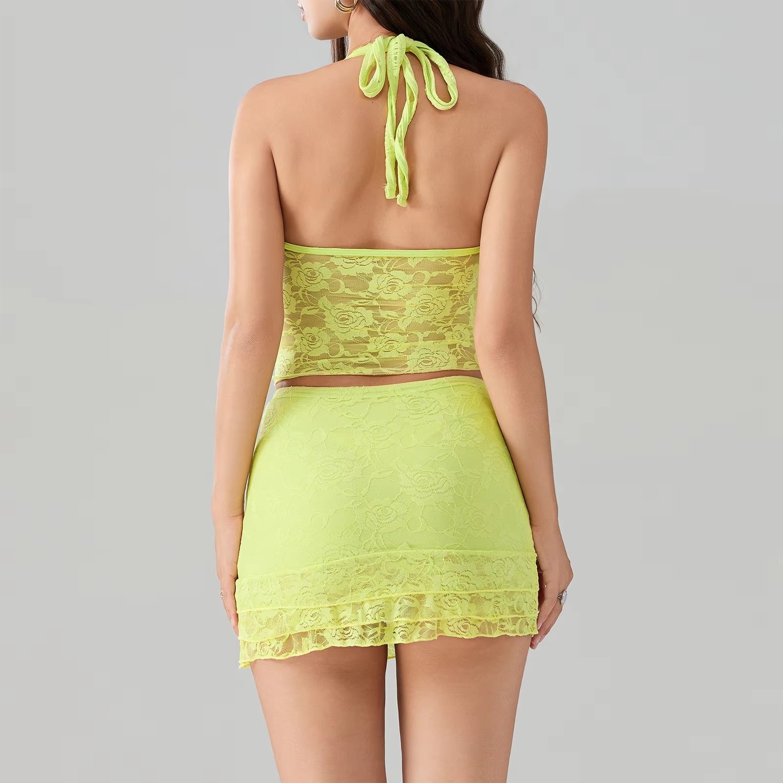 Casual Bodycon Lace Patchwork Vest Tops And Mini Skirt 2 Piece Outfit Mssza