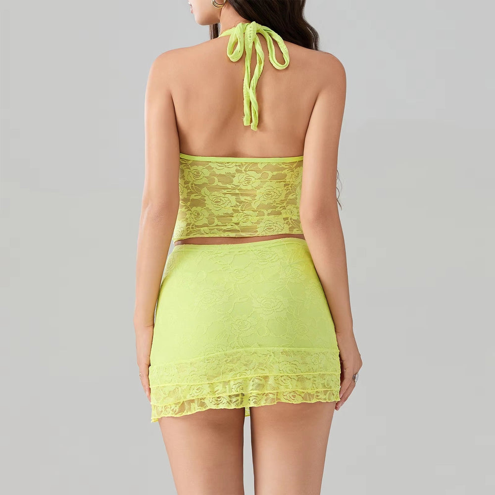Casual Bodycon Lace Patchwork Vest Tops And Mini Skirt 2 Piece Outfit Mssza
