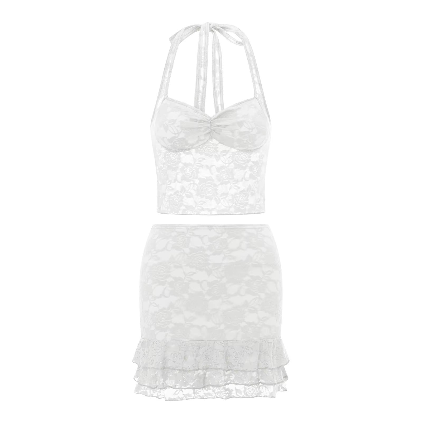 Casual Bodycon Lace Patchwork Vest Tops And Mini Skirt 2 Piece Outfit Mssza