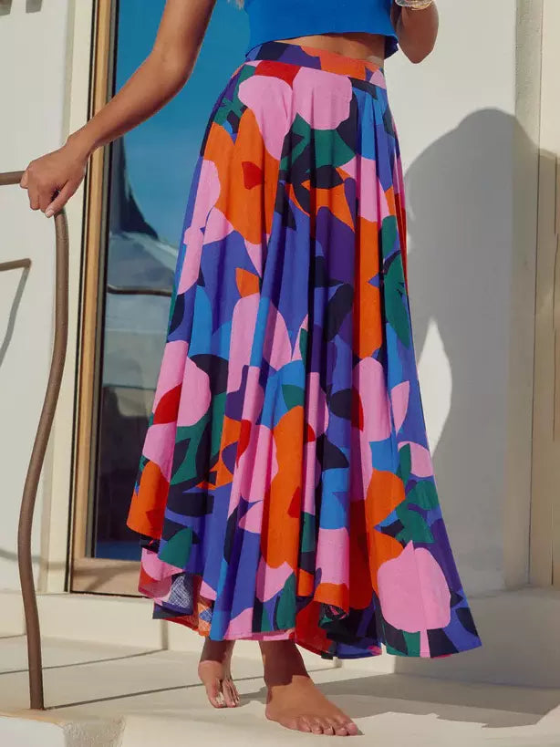 Casual Bohemian Beach Style Floral Flared Silhouette Long Skirt Mssza