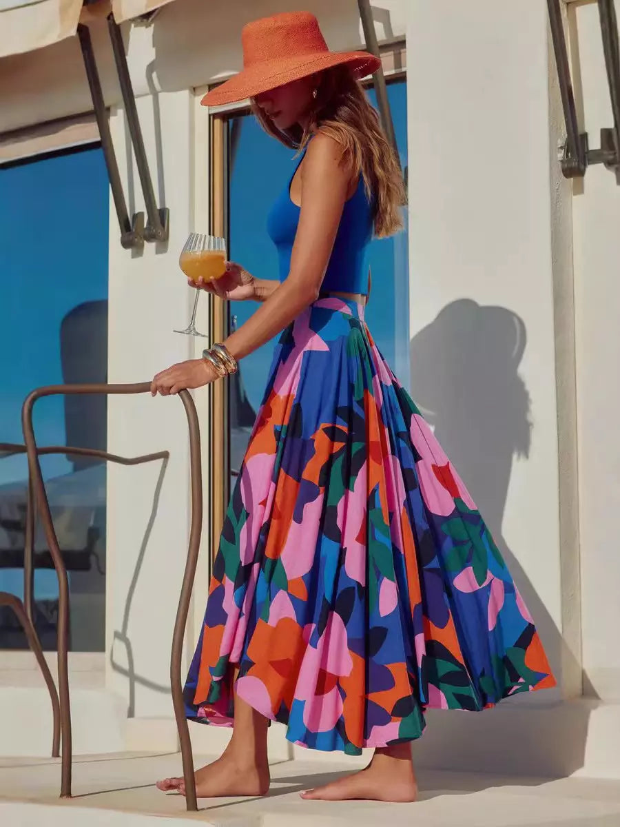 Casual Bohemian Beach Style Floral Flared Silhouette Long Skirt Mssza