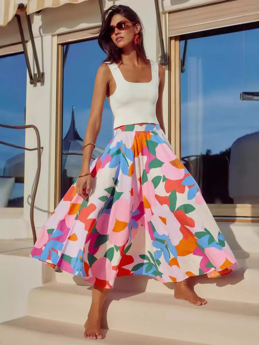 Casual Bohemian Beach Style Floral Flared Silhouette Long Skirt Mssza
