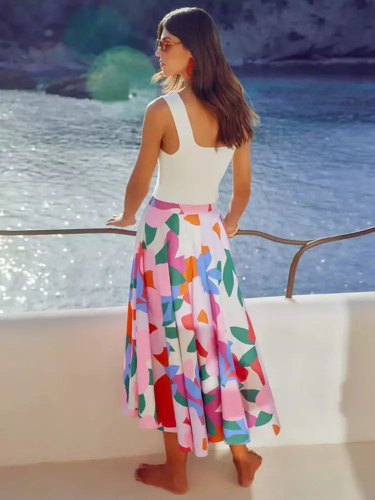 Casual Bohemian Beach Style Floral Flared Silhouette Long Skirt Mssza