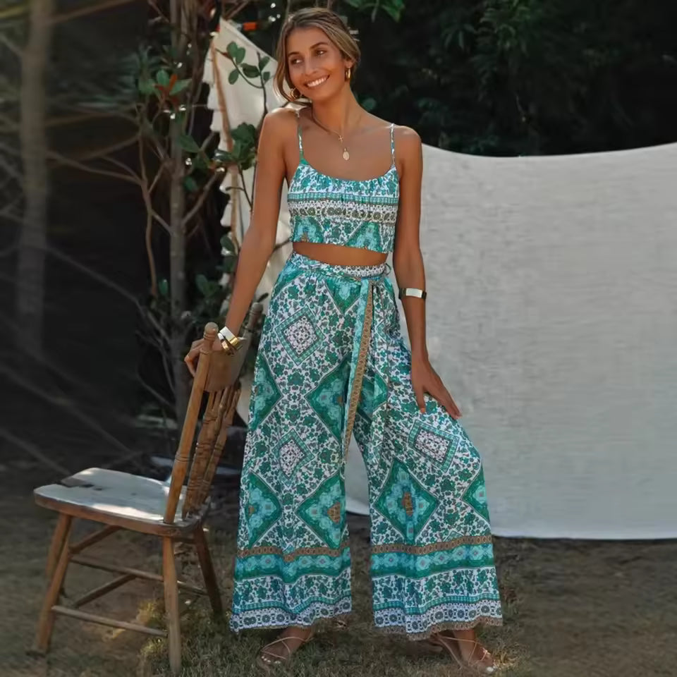 Casual Bohemian Floral Print Sleeveless Tops And Wide Leg Pants 2 Pieces Set Mssza