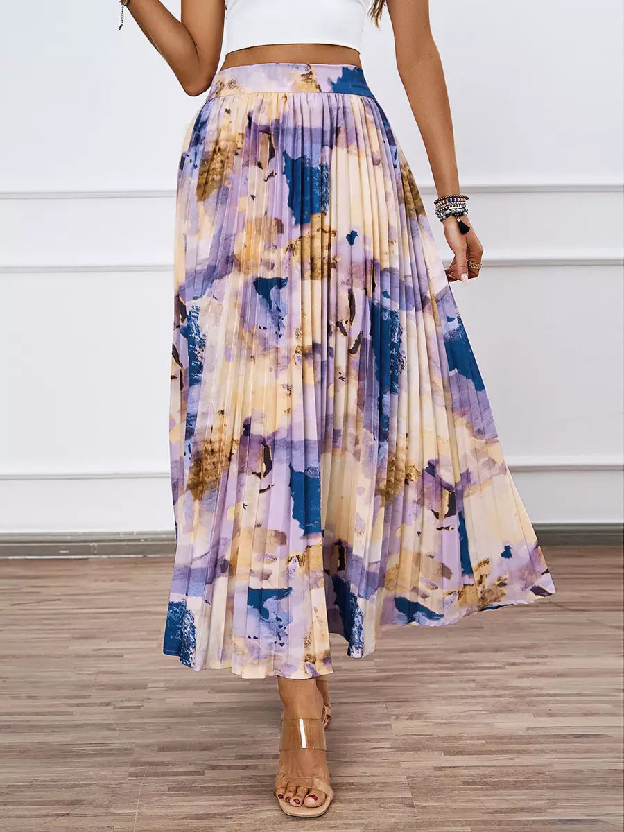 Casual Bohemian Pleated Artistic Floral Print Pleated Beach Style Maxi Skirt Mssza